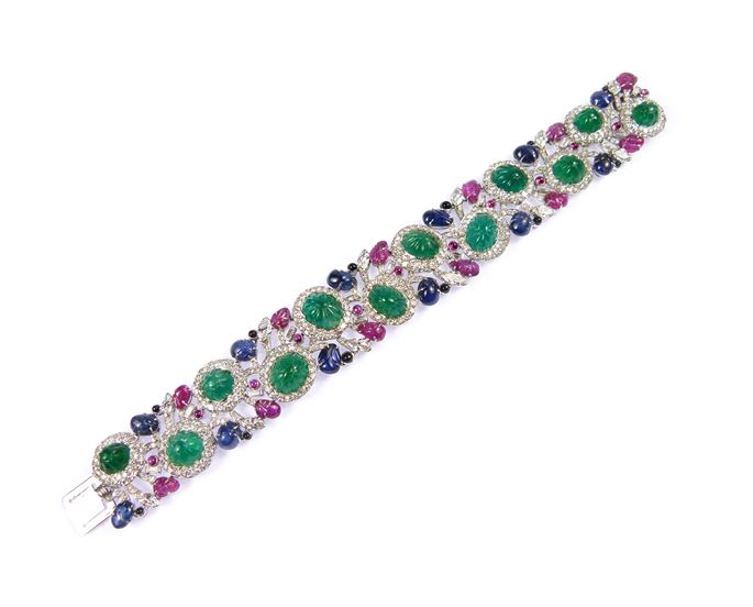 Carved emerald, ruby, sapphire and diamond tutti-frutti strap bracelet | MasterArt